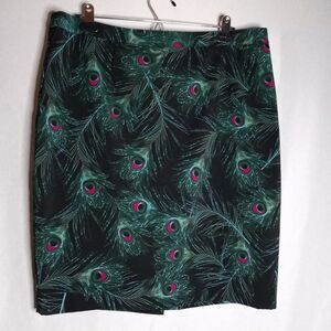 Cleo Black/Green Peacock Feather Pattern Lined Women's Skirt Size 14 Petite